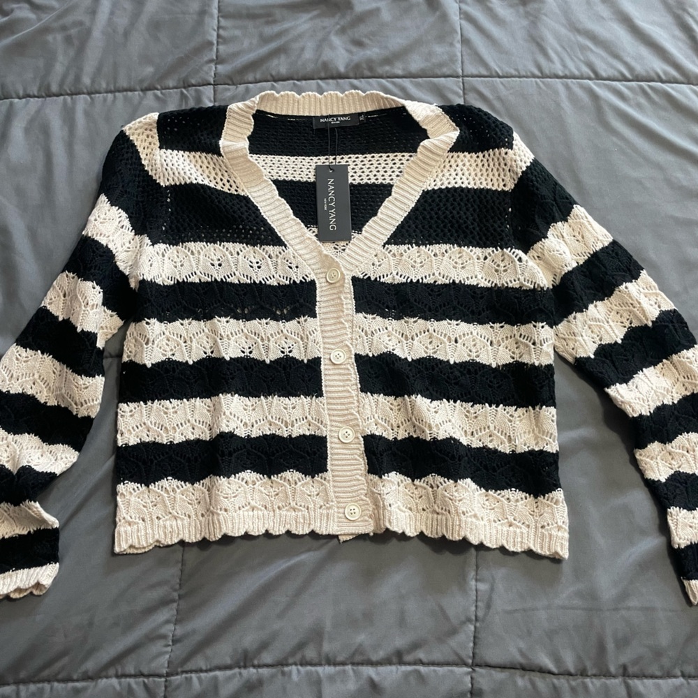 Nancy Yang black  and Cream Striped Sweater